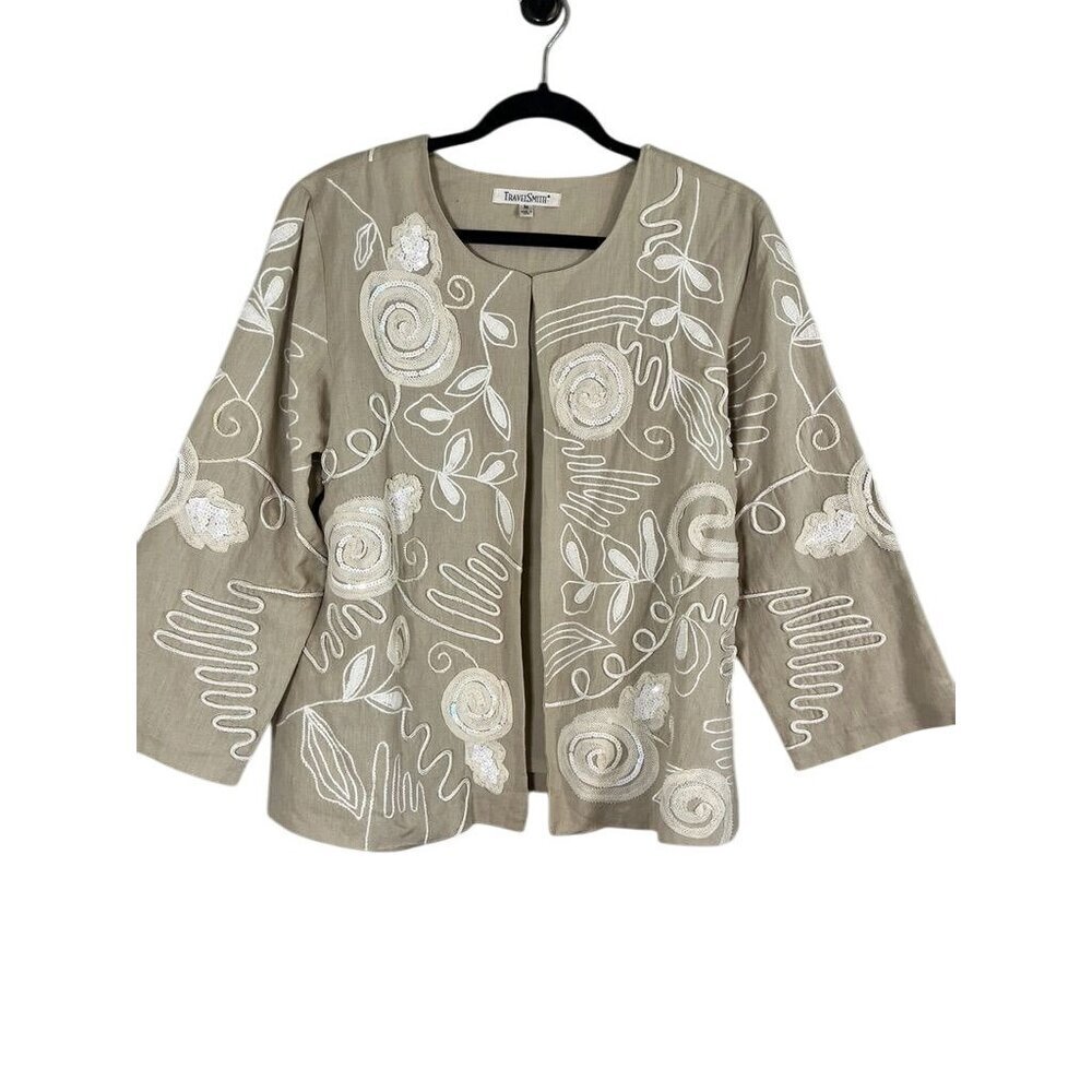 Retro Floral Linen Jacket M Tan Preppy Classic Chic Sequin Artsy Boho Western